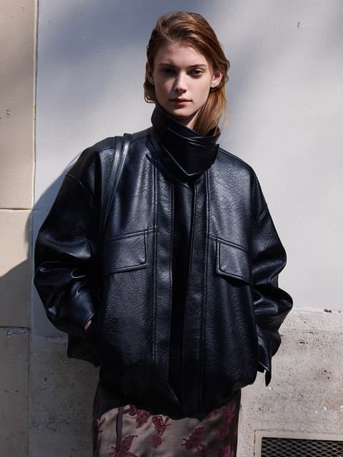 Faux Leather Double Placket Blouson Zip-up Jumper SL6AM802-10