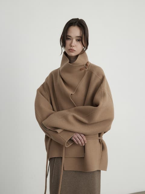 COWL NECK HANDMADE HALF COAT [CAMEL]