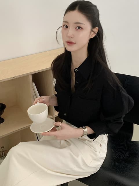 [단독]SITP5160 루즈핏 링클 실키 셔츠_Black