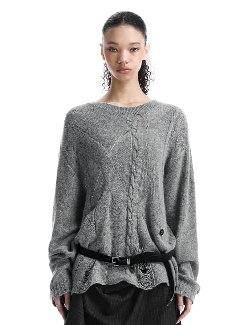 Distressed Cable-Knit Top [ Gray ]